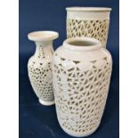 Three Chinese white ground reticulated vases