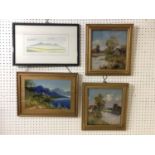 Four framed paintings to include: George Jennings (1763-1854) - landscape scene, oil on board,
