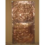 A pair of embossed sheet copper wall mounted panels of old tavern scenes, 83cm x 60 cm