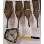 Four Pelota type cane catching baskets 62cm and a Dunlop Junior Alpha wooden frame tennis racket