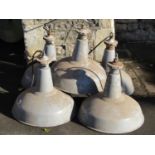 A run of five vintage grey enamel industrial pendant lights 46 cm diameter at rim