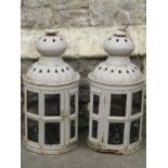 A pair of painted tin cylindrical lanterns, 27 cm diameter x 60 cm in height approx (af)