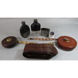 The Treble leather cased 66ft land tape, another, military belt, two flasks, etc