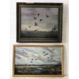 Two framed oil paintings of ducks and geese in flight, to include: Brian Chandler - Ducks in flight,