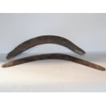 Two early, well used, Aboriginal boomerangs, (both af with splits and cracks) 56cm and 60cm.