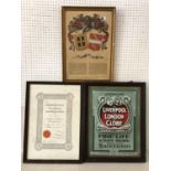 Three framed signs/certificates/documents to include: The Liverpool and London and Globe Insurance