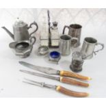 A three piece Edwardian antler carving set, a vinaigrette stand, a selection of pewter tankards