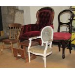 A reproduction Victorian style dolls size spoonback drawing room chair together with three further