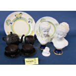 A collection of Gray's Pottery hand painted plates and dishes with alternating trees, horses and