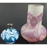 A small cameo glass posy vase with purple flowers decoration signed Galle 10.5cm and a small blue