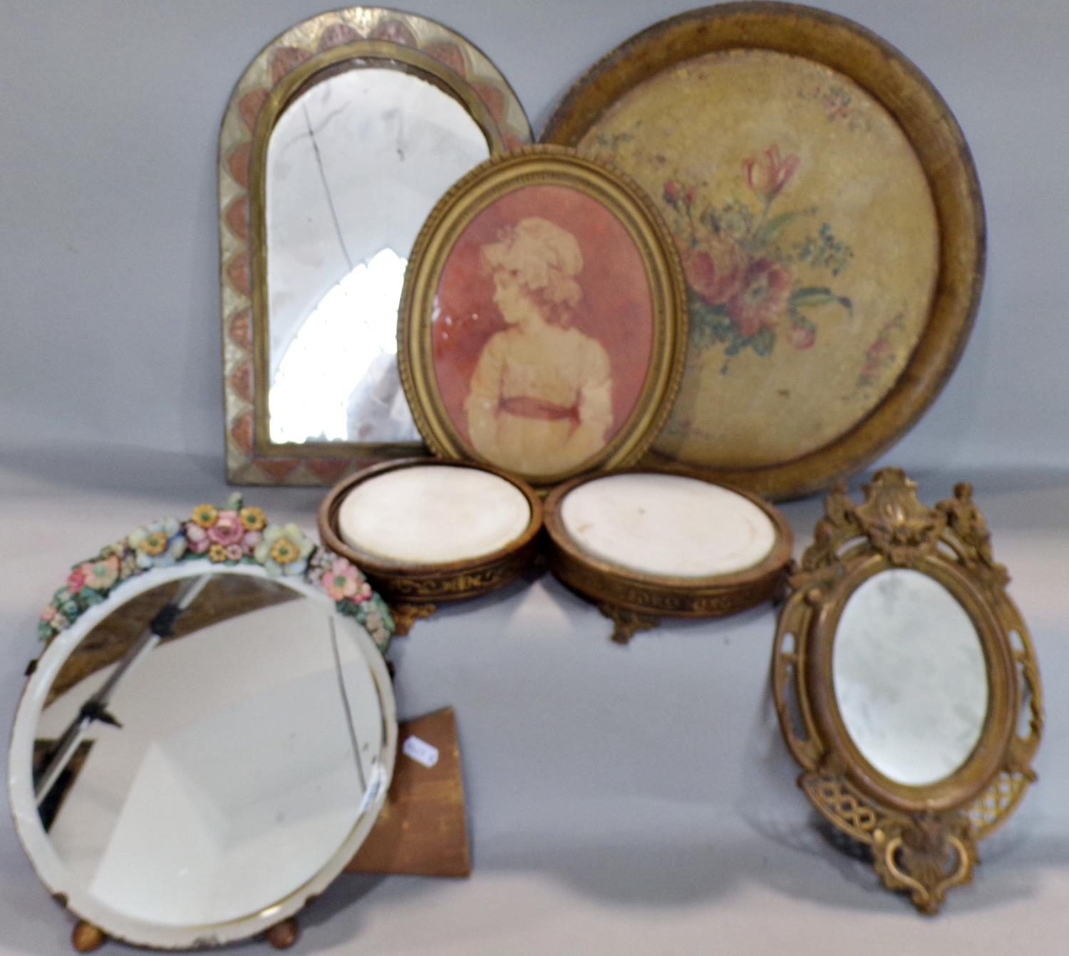 A 19th century toleware floral decorated circular tray, two boulle rosewood display stands with