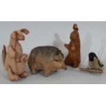 Collection of 4 small vintage toys including a velveteen squirrel height 14cm, a full bodied pig,