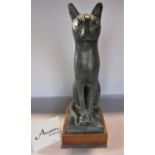 An Austin Sculpture Collection Egyptian Cat statue in a verdigris bronze finished dated 1965, on a