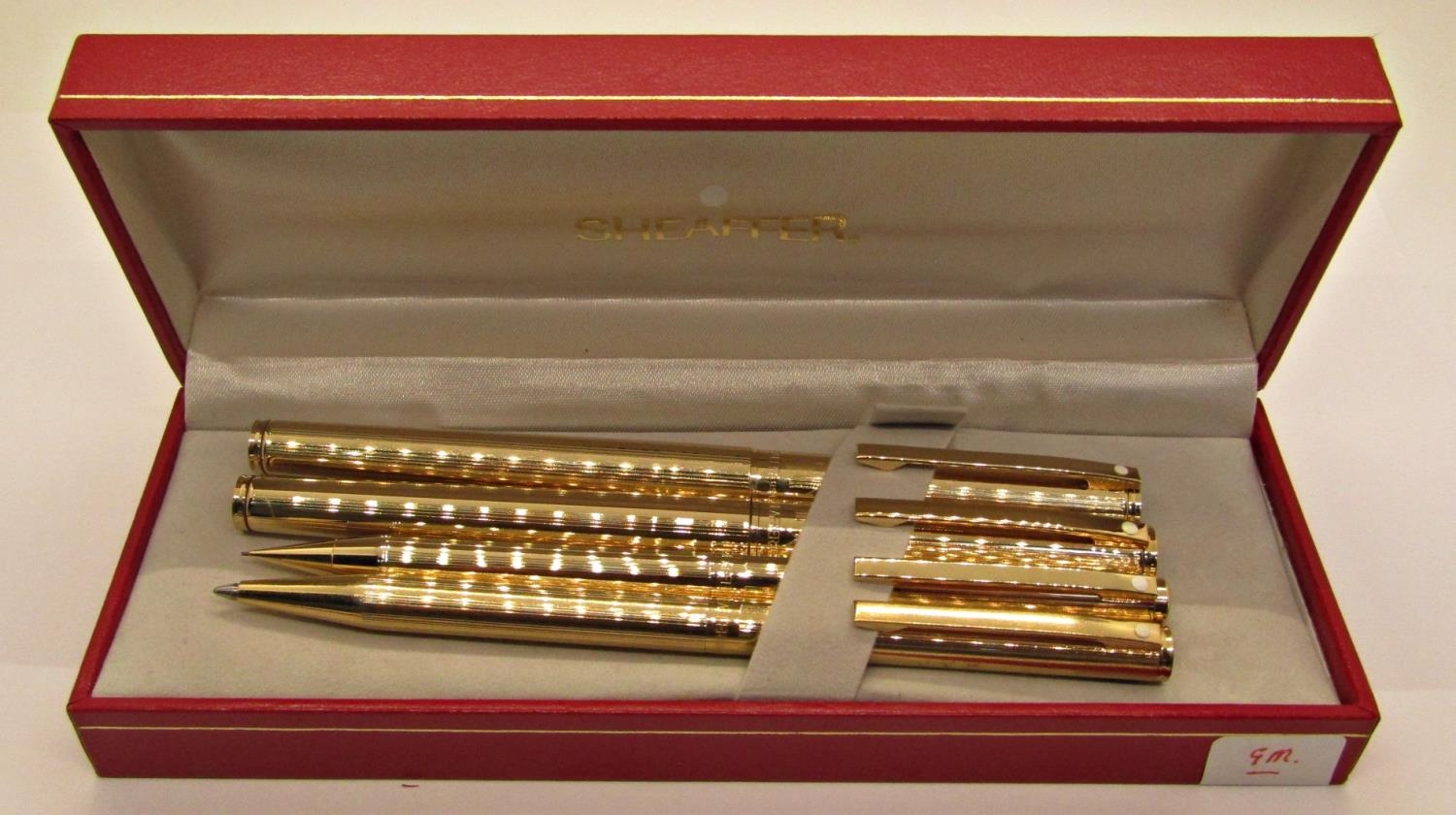 Sheaffer Fasion 270 gold plated fountain, rollerball, ballpoint pens and pencil with box