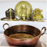 A 19th century wide copper skillet 39cm diam, a collection of brass ware including a tray,