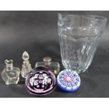 A mixed selection of glassware including a pair of Victorian cordial glasses, four scent bottles