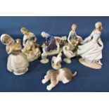 A collection of Copenhagen Lladro and other figures including three girls with calves, sleeping