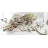 A mixed selection of silver plated items including, drinks trays, a canteen of fish knives and