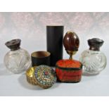 An egg shaped kaleidoscope and stand, Indian lacquered box, silver topped jars, etc