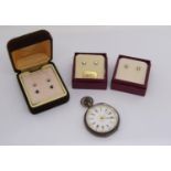 935 silver fob watch with decorative enamel dial, together with a pair of 9ct paste set stud