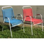A pair of stacking painted tubular steel framed garden/pool side chairs