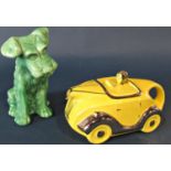 A Sadlers art deco teapot in the form of a yellow motorcar with lustred edges together with a