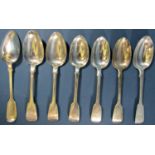 Seven 19th century silver fiddle pattern dessert spoons by various makers, 9.7oz approx