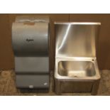 A Dyson Air blade wall mounted hand dryer together with a stainless steel wall mounted sink unit (2)