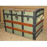 A vintage timber lathe and steel banded dome top cabin trunk 82 cm long x 52 cm wide x 59 cm high