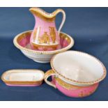 A four piece Victorian jug and basin set with classical detail in a pink and brown colourway