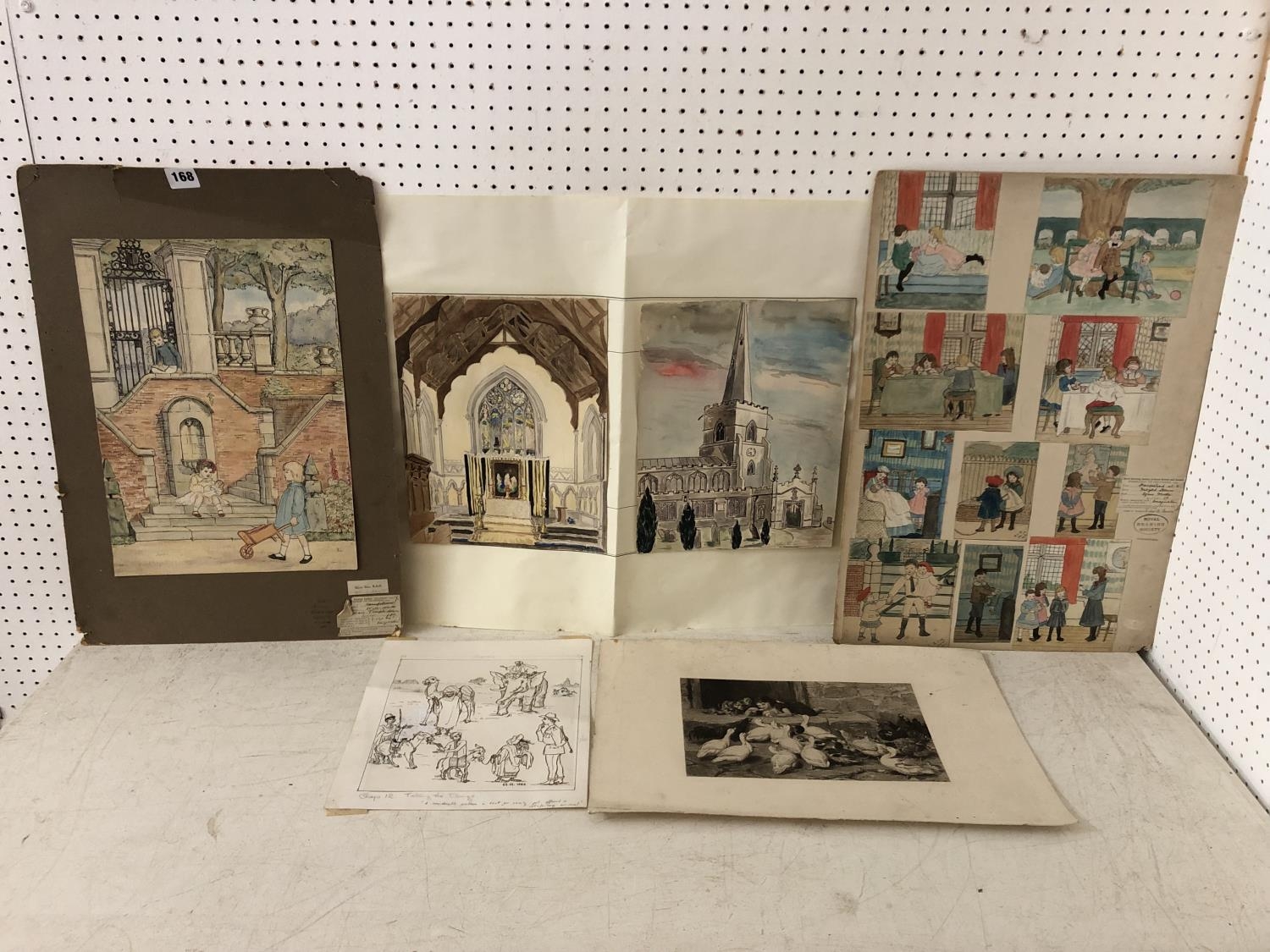 Six works on paper: Two boards with pen and ink illustrations by pupils Agnes and Mary Moore of