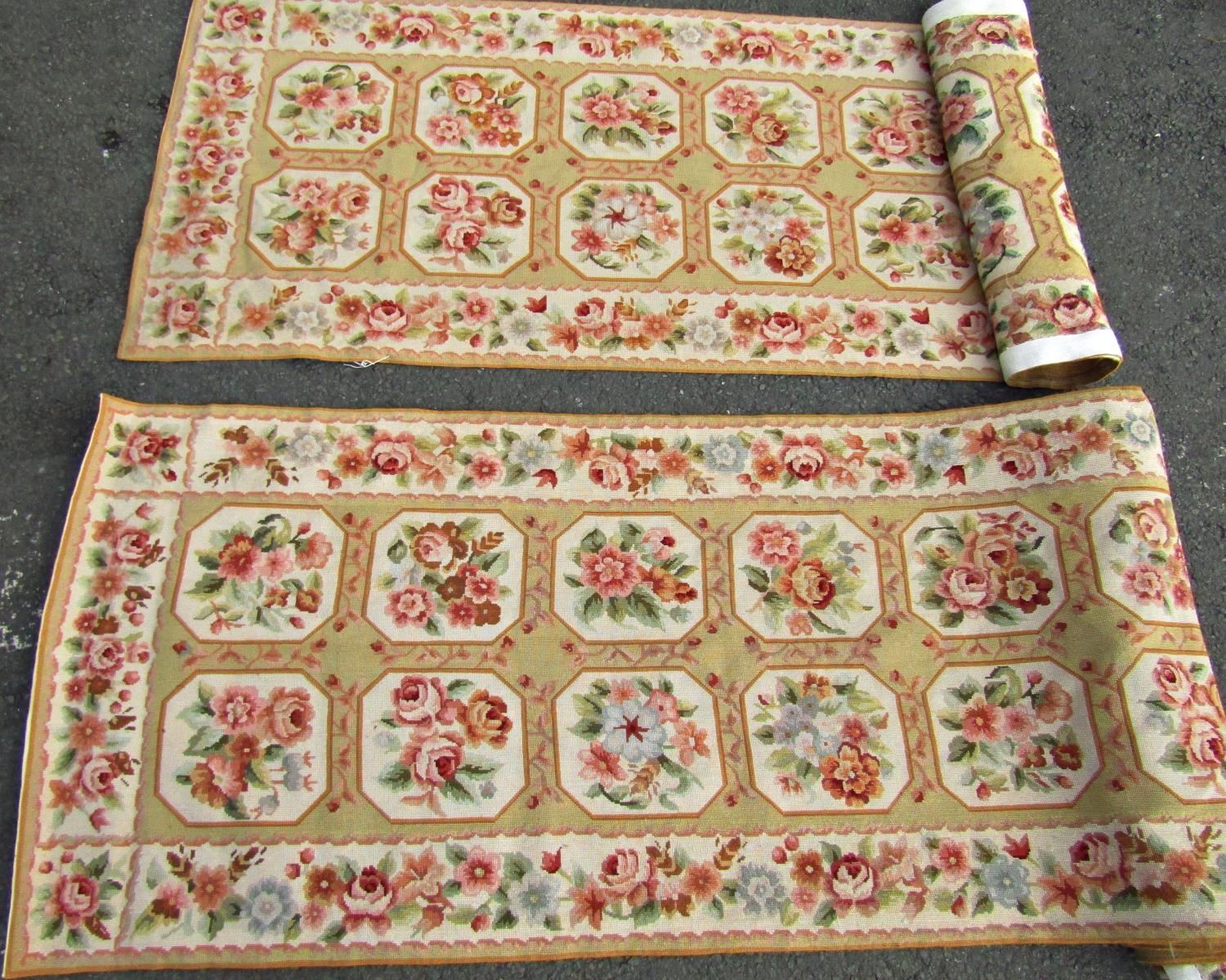 Two lengths of Aubusson style floral tapestry runners, 480cm and 366cm both 84cm wide.