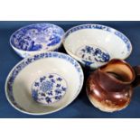 Two 19th century Chinese porcelain bowls in a blue and white colourway, further Copeland Spode