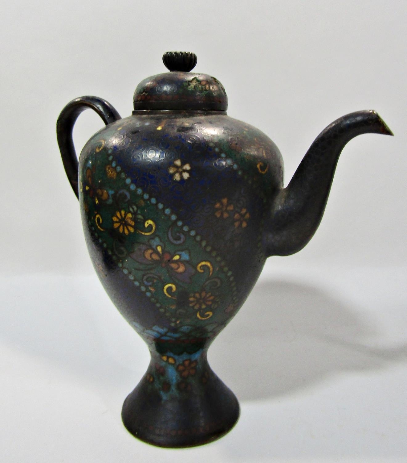 A small slender Japanese cloisonné teapot with butterflies and flower decoration on a waisted - Image 3 of 3