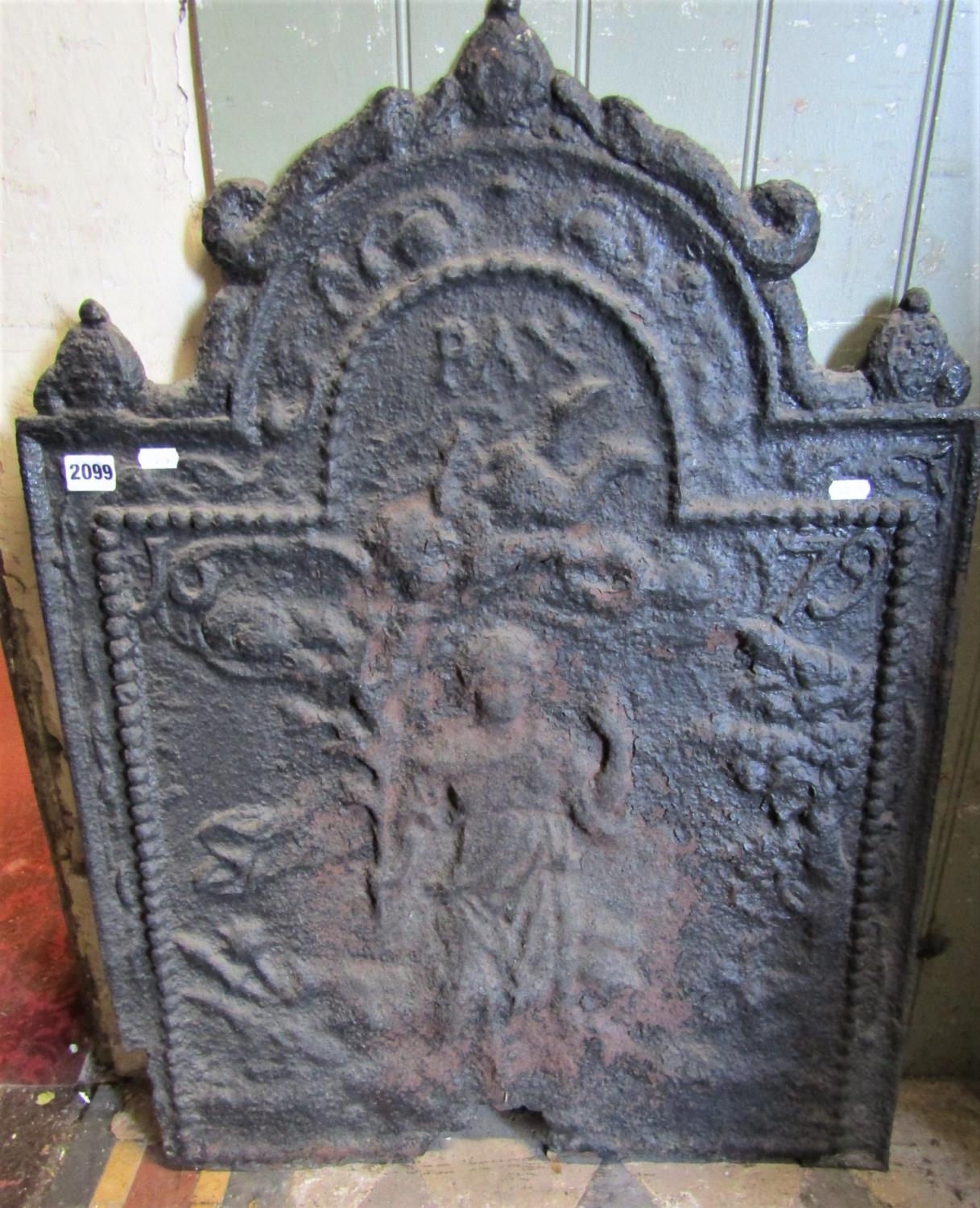 An antique cast iron fire back with raised relief detail of a maiden in a woodland setting dated - Image 2 of 2
