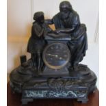 A Victoria black slate marble and bronze mantel clock surmounted by a scholar and pupil, enclosing