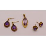 Group of 9ct amethyst jewellery comprising an Arts & Crafts style pendant, maker 'W&G', a pair of