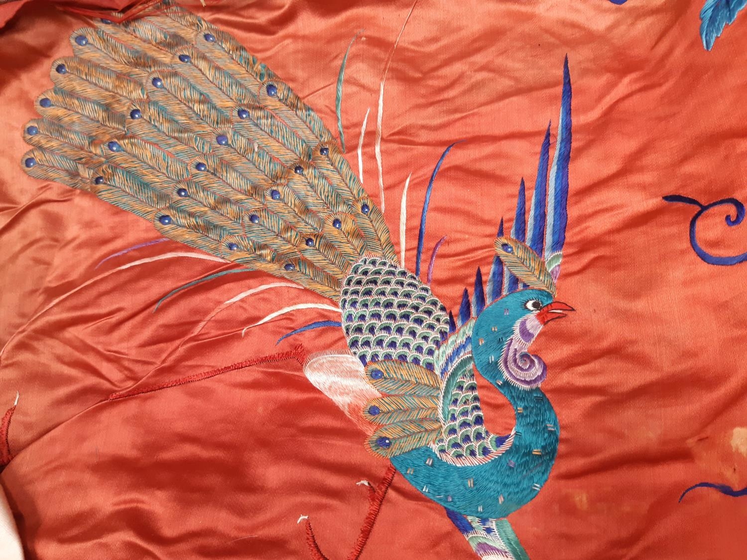 Large antique embroidered silk wall hanging with hand stitched embroidery of peacocks, flowers and - Image 2 of 5