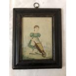 19th century miniature portrait of girl pushing wheelbarrow of apples, watercolour on paper, 10 x 14