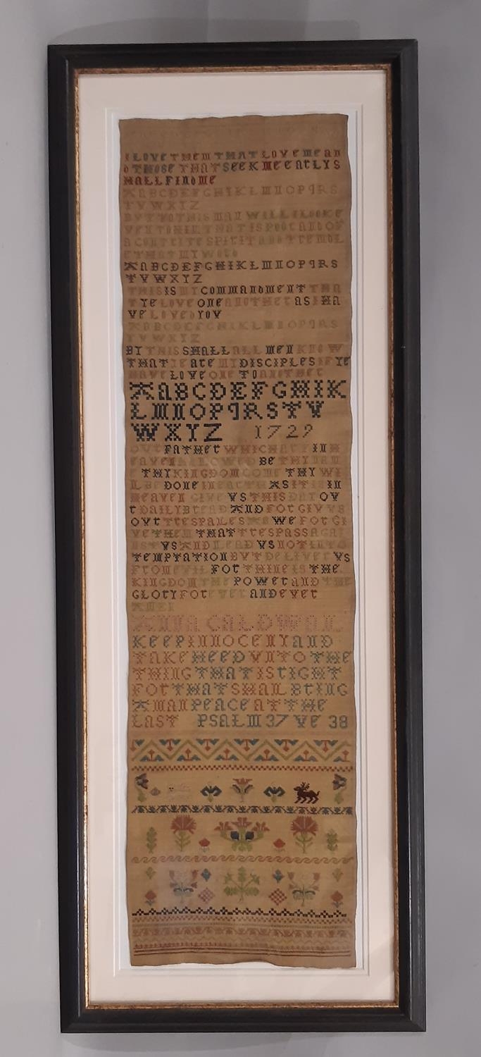 19th century tapestry sampler of alphabets and prayers by Aioia Caldwail, 82 x 22.5 cm, mounted,