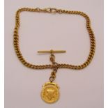 9ct Albert chain with T-bar and medal fob, 48.2g