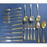 A set of Georgian style silver rat tail flatware comprising six main forks, seven dessert forks,