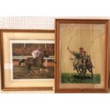Two equestrian themed prints: After Francisque Rebour - Two polo players, print in colours, signed