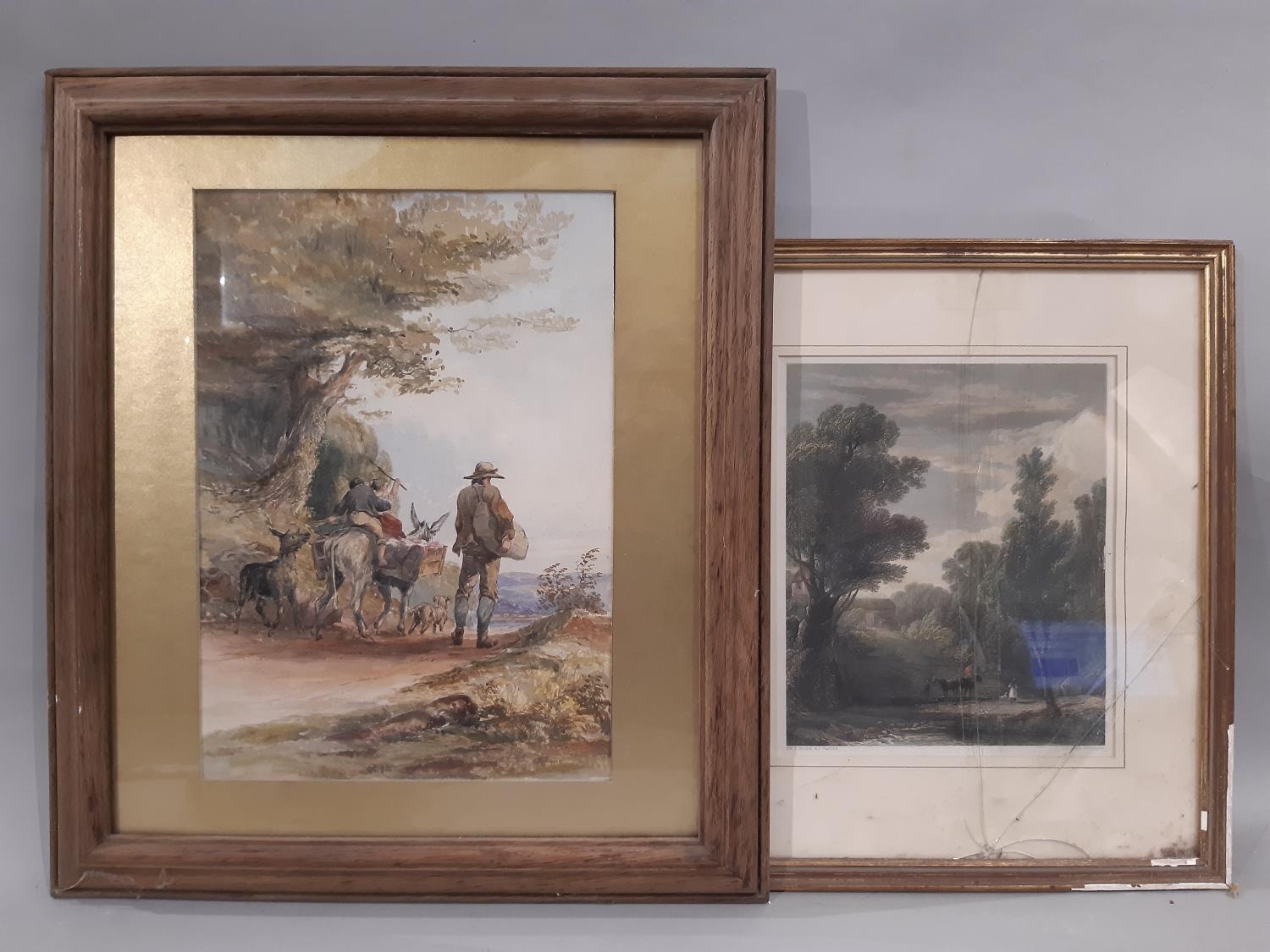 Two framed works: English School, 19th Century - Man, children and animals, walking down the