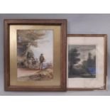 Two framed works: English School, 19th Century - Man, children and animals, walking down the