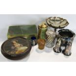 A collection of items to include a silver lidded barley twist glass jar, a silver plated dish, sugar