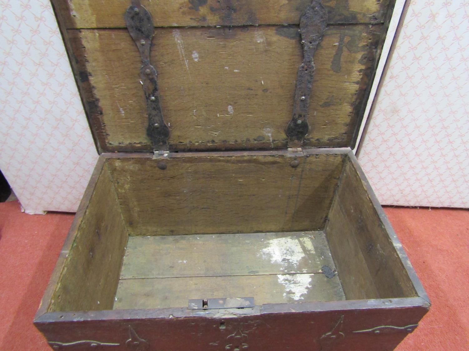 An early oak and iron bound strong box with carrying handles, 64cm wide x 43cm deep x 33cm high - Image 4 of 4