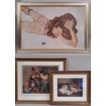 Three framed prints: After Egon Scheile (1890-1918) - 'Female Nude Lying on Her Stomach', coloured