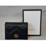 Marmont Card Case Wallet by Gucci (current style) in soft black leather with antique gold toned
