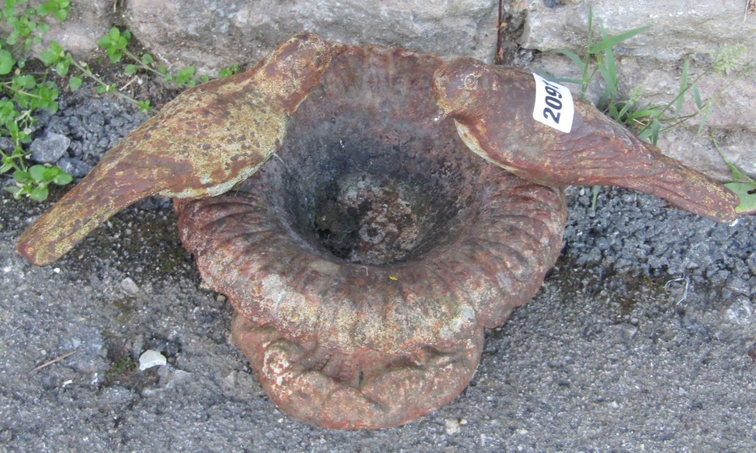 A small weathered cast iron bird bath in the form of a flared foliate urn with birds surmount, 22 cm - Image 2 of 2